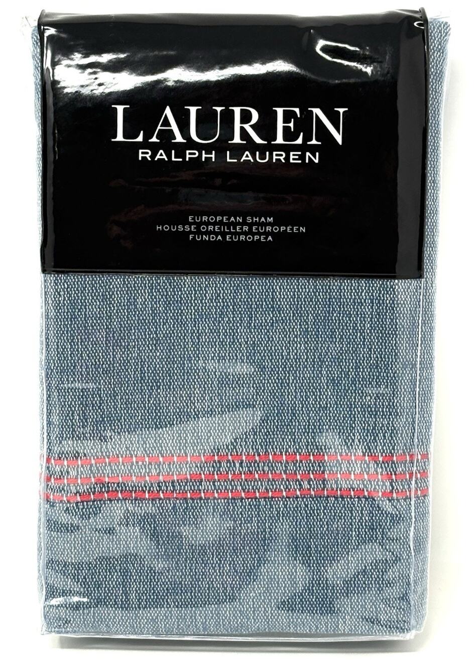 Ralph Lauren Maggie Texture Indigo Blue Euro Sham Red Coral Trim European Denim